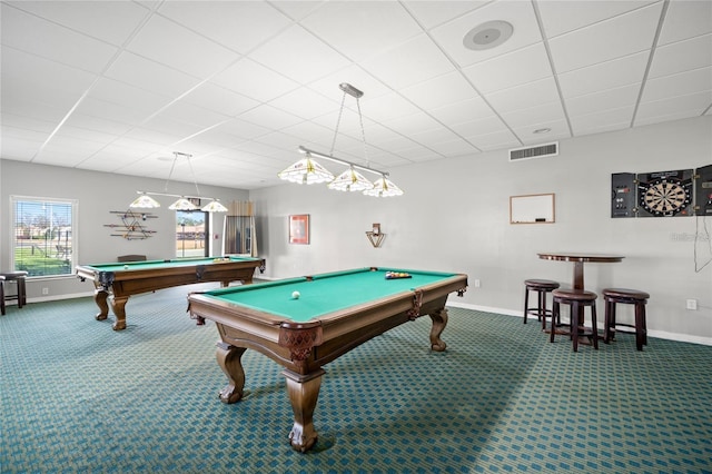 playroom with visible vents, pool table, baseboards, a drop ceiling, and carpet floors