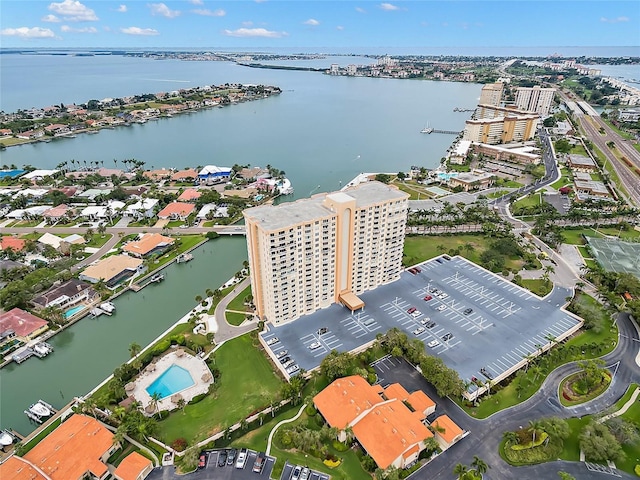 aerial view featuring a water view