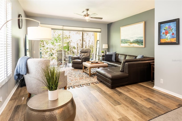 living area with a wealth of natural light, baseboards, and wood finished floors