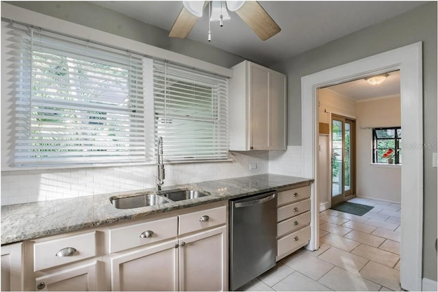 kitchen featuring decorative backsplash, dishwasher, light stone countertops, and a sink