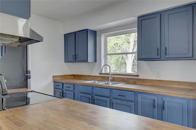 kitchen featuring blue cabinets, electric stove, exhaust hood, and a sink