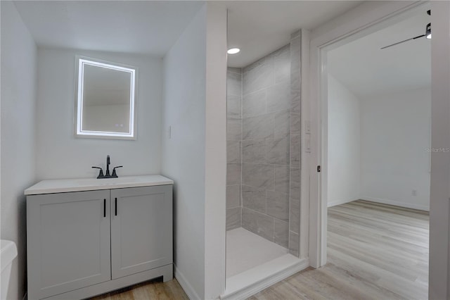 bathroom with baseboards, wood finished floors, a stall shower, and vanity