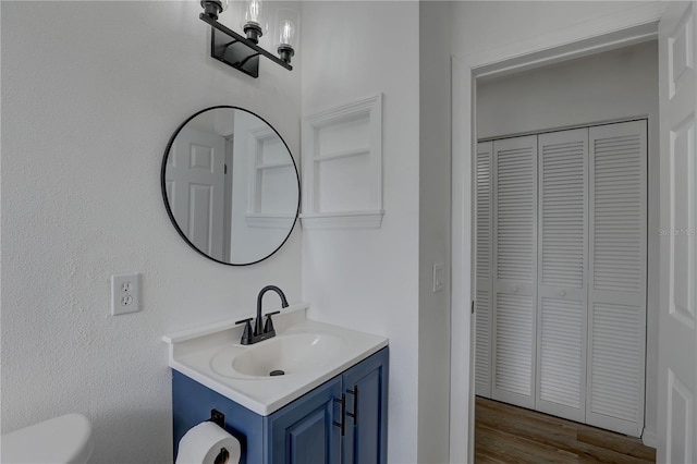 bathroom with vanity, toilet, wood finished floors, and a closet