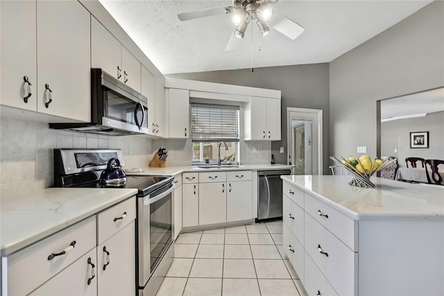 3943 W Fieldwood Ct, Lecanto, FL 34461 - kitchen featuring appliances with stainless steel finishes, lofted ceiling, a sink, tasteful backsplash, and a ceiling fan