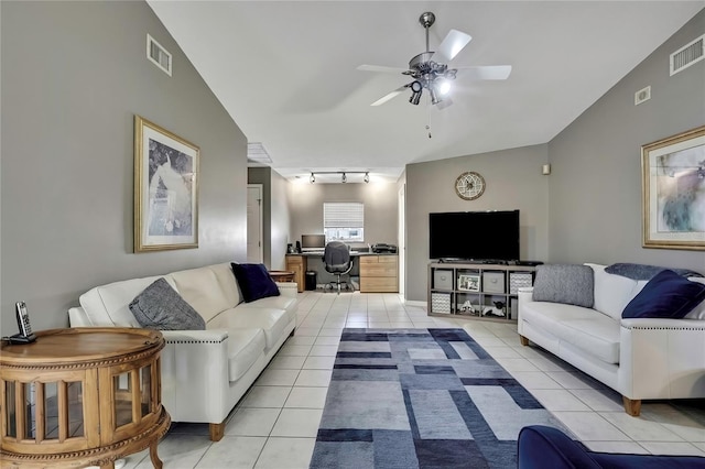 3943 W Fieldwood Ct, Lecanto, FL 34461 - living room featuring light tile patterned flooring, a ceiling fan, track lighting, and lofted ceiling