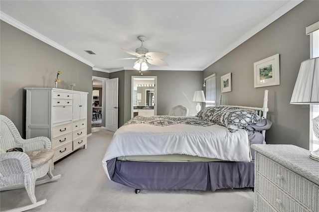 3943 W Fieldwood Ct, Lecanto, FL 34461 - bedroom featuring light colored carpet, ornamental molding, a ceiling fan, and ensuite bath