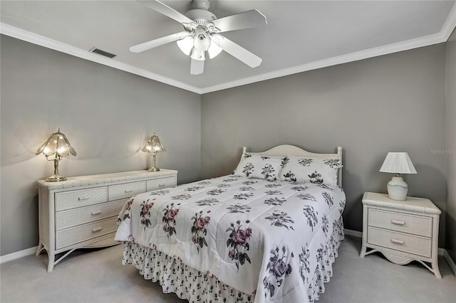 3943 W Fieldwood Ct, Lecanto, FL 34461 - bedroom with light colored carpet, baseboards, ornamental molding, and ceiling fan