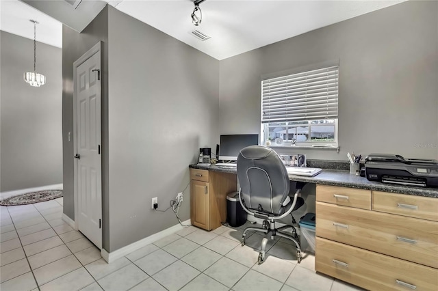3943 W Fieldwood Ct, Lecanto, FL 34461 - home office with light tile patterned floors, baseboards, a chandelier, and built in study area