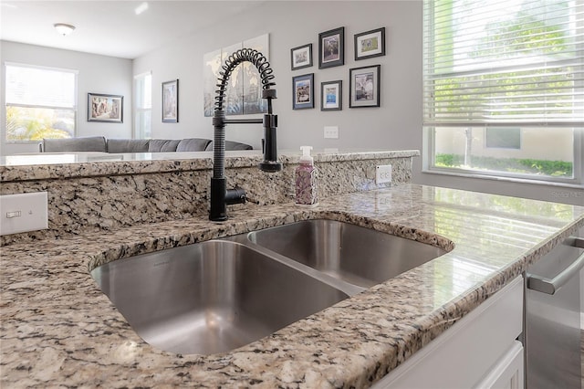 interior details with dishwasher, light stone countertops, and a sink