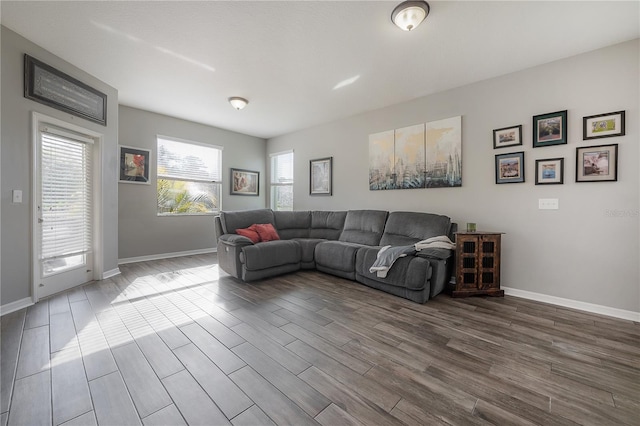 living area featuring baseboards and wood finished floors