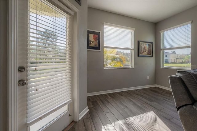 home office with baseboards and wood finished floors