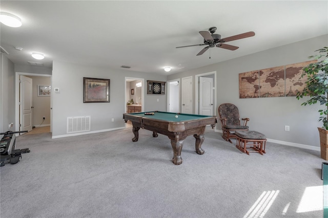 game room with billiards, carpet, visible vents, and baseboards