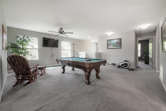 game room featuring baseboards, a ceiling fan, billiards, and carpet flooring