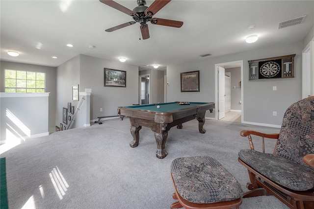 playroom with pool table, baseboards, visible vents, and carpet floors