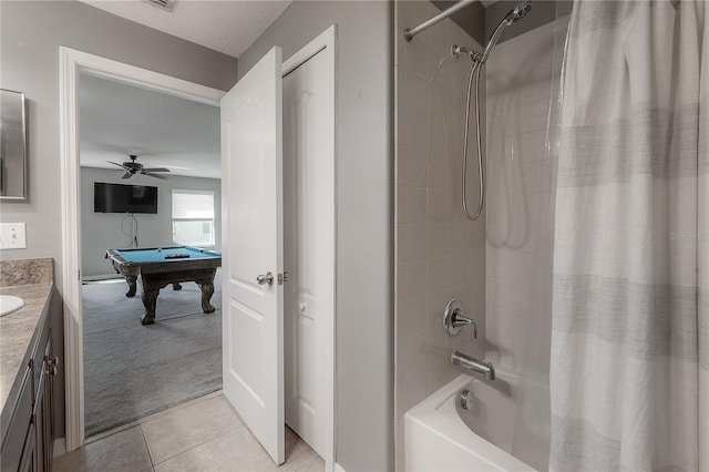 full bathroom with tile patterned flooring, shower / bath combo with shower curtain, vanity, and billiards