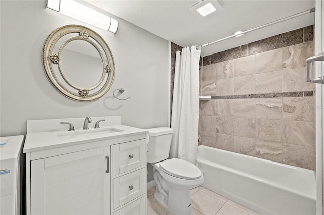 bathroom featuring toilet, shower / bath combination with curtain, vanity, and tile patterned flooring