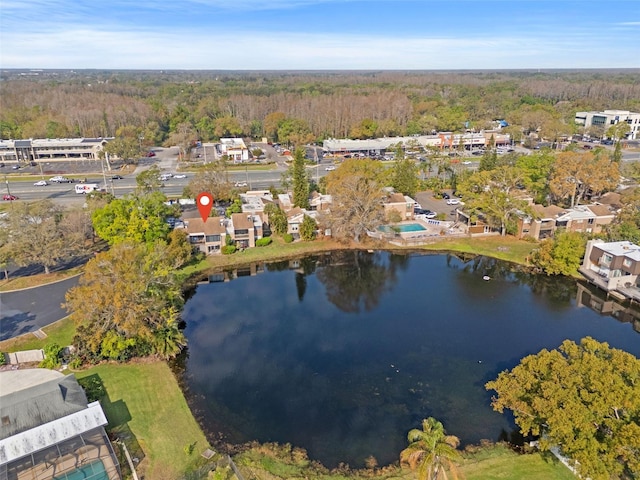 birds eye view of property with a forest view and a water view