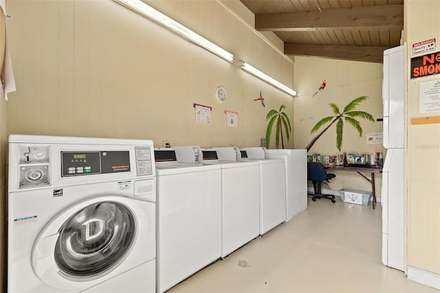 shared laundry area with washer and dryer and wood ceiling