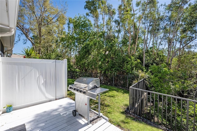 deck featuring area for grilling and fence