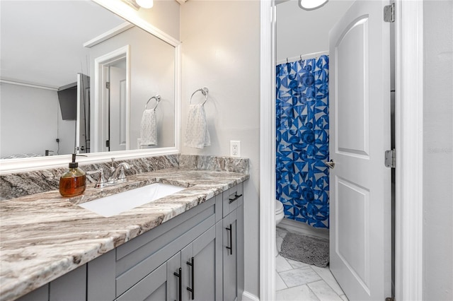 bathroom featuring a shower with shower curtain, marble finish floor, toilet, and vanity