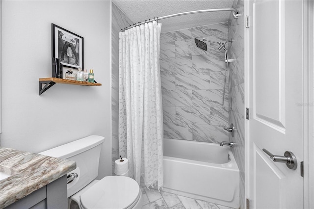 bathroom with toilet, marble finish floor, shower / bath combo, and a textured ceiling