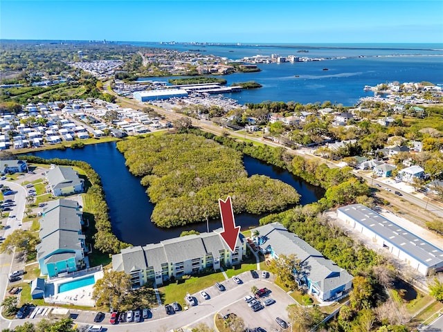 drone / aerial view with a water view