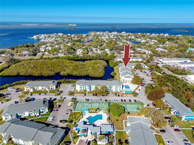 aerial view with a water view and a residential view