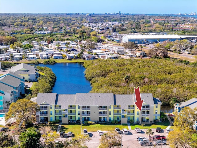 drone / aerial view featuring a water view