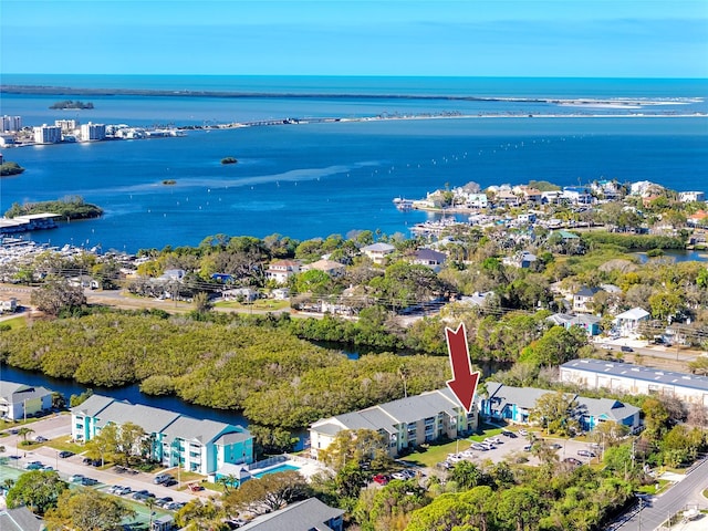 drone / aerial view featuring a water view