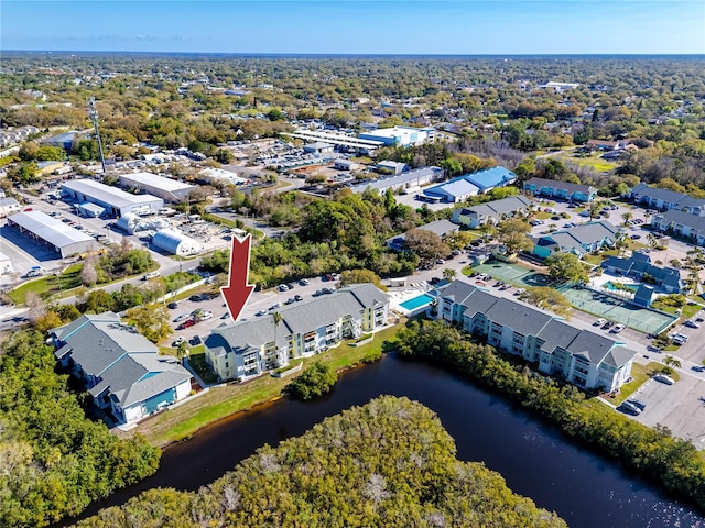 drone / aerial view featuring a water view