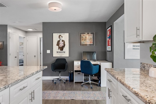 home office featuring visible vents, baseboards, and dark wood-style flooring