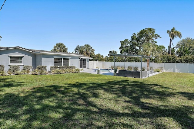 view of yard featuring a patio, a fenced backyard, and a pergola