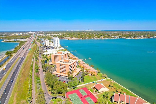 bird's eye view featuring a city view and a water view