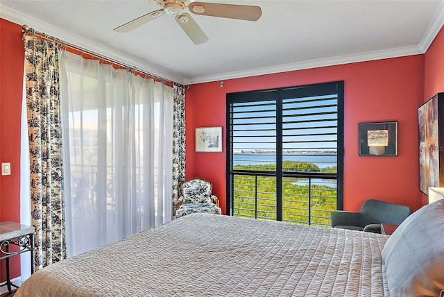 bedroom featuring multiple windows, crown molding, and ceiling fan