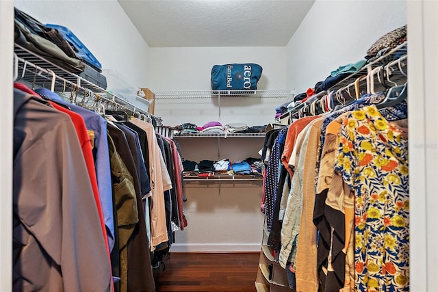 walk in closet with wood finished floors