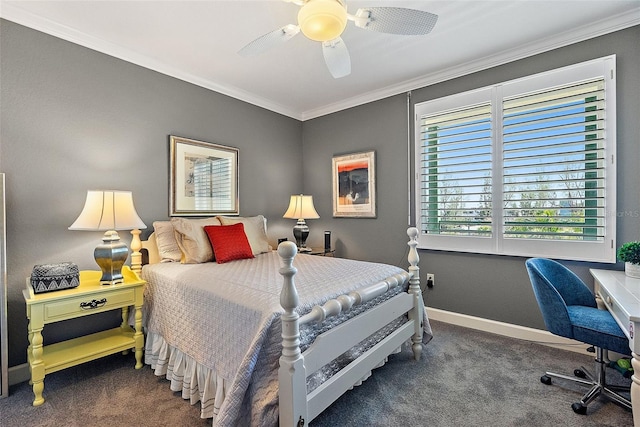 bedroom with a ceiling fan, baseboards, carpet floors, and ornamental molding