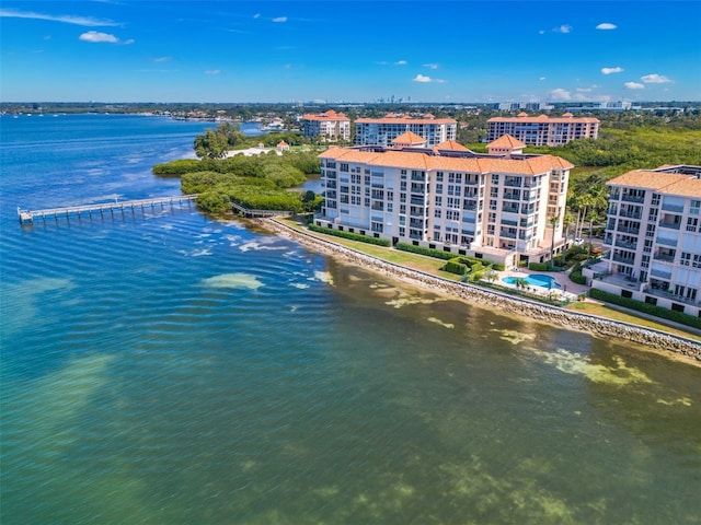 aerial view featuring a water view