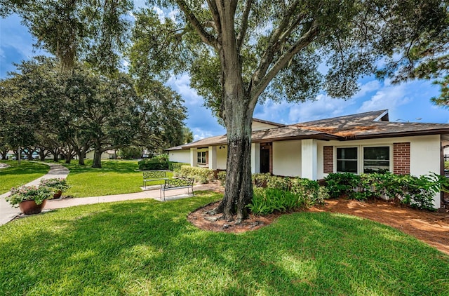 ranch-style home with a front lawn and brick siding