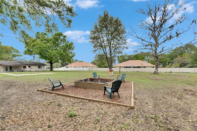 view of yard featuring a fenced backyard and an outdoor fire pit