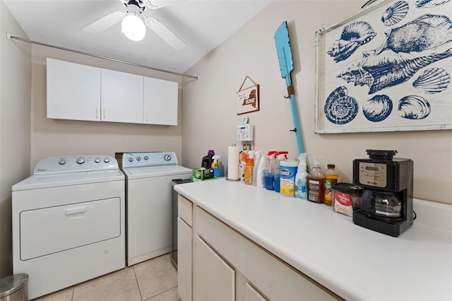 laundry area with washer and dryer, cabinet space, ceiling fan, and light tile patterned floors