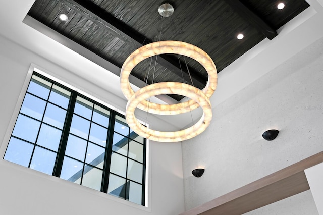 interior details featuring beamed ceiling, recessed lighting, and wood ceiling