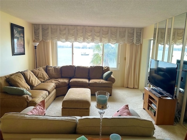 living room featuring light carpet and a textured ceiling