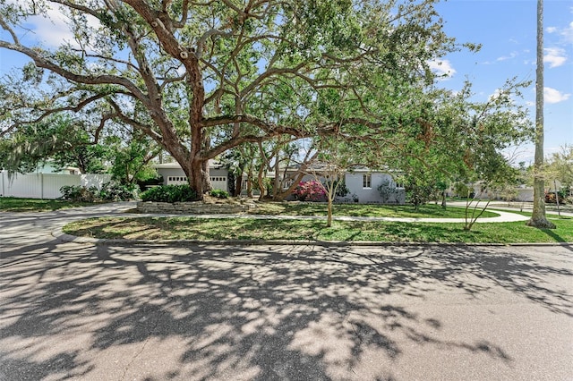 obstructed view of property featuring a front yard, driveway, and fence