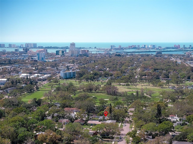 aerial view featuring a water view and a view of city