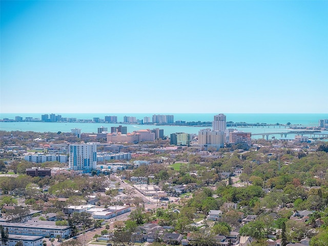 aerial view with a view of city and a water view