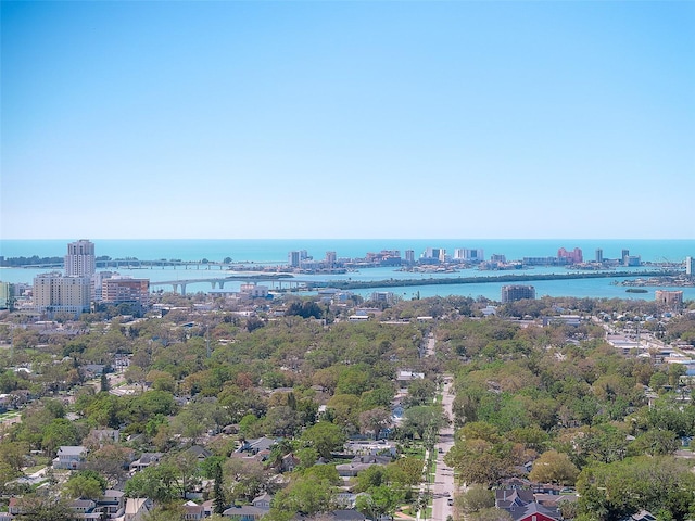 drone / aerial view with a city view and a water view