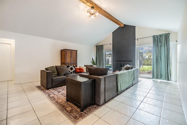 living room featuring a brick fireplace, vaulted ceiling with beams, and light tile patterned flooring