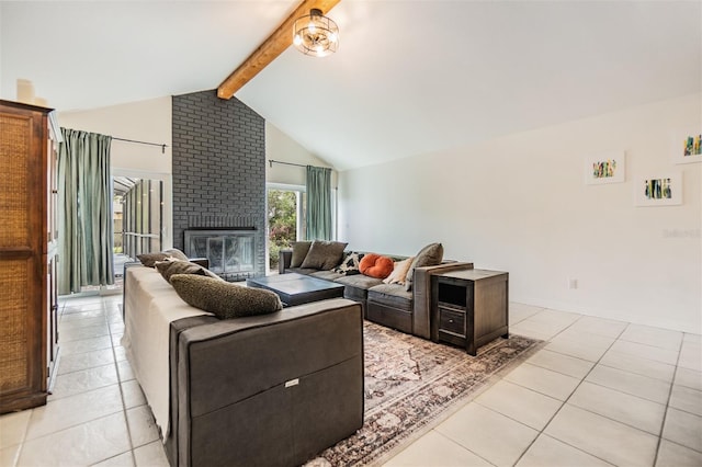 living room with a fireplace, vaulted ceiling with beams, and light tile patterned flooring