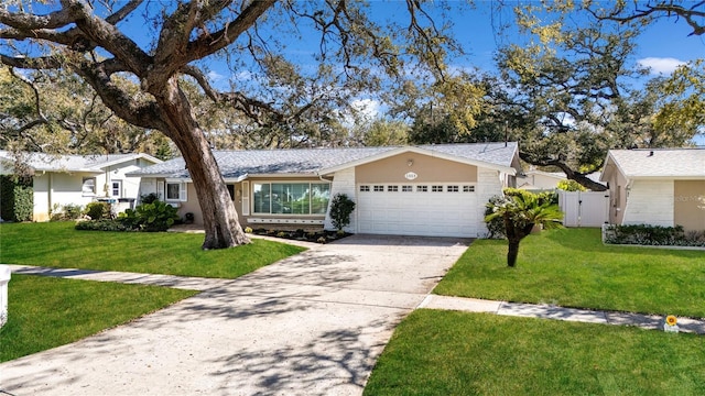 ranch-style house featuring a garage, driveway, a front lawn, and fence