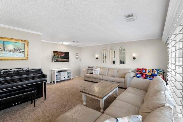 carpeted living room with a textured ceiling, visible vents, and ornamental molding